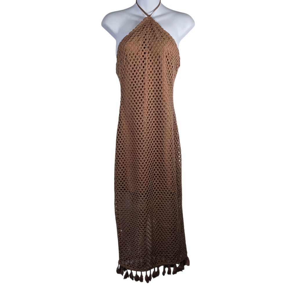Crochet Halter Midi Dress in Brown